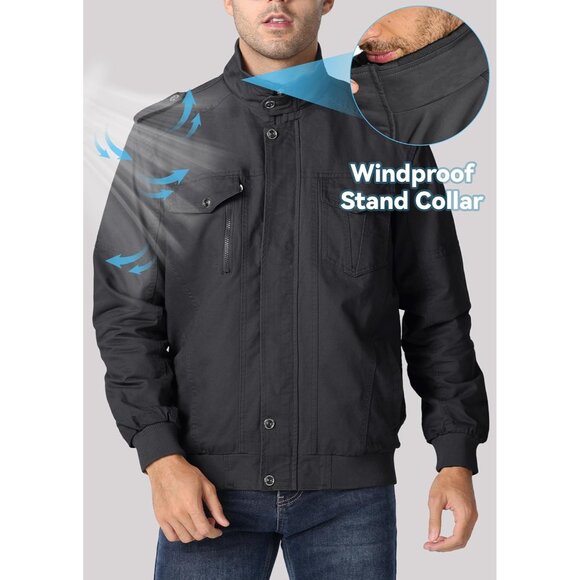 Men's Gray  Winter Cargo Fleece Sherpa Lined Casual Windproof Bomber Jacket - Picture 3 of 6